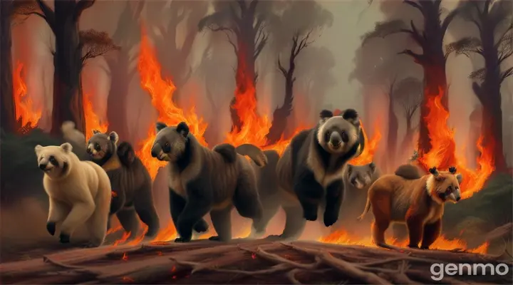 A forest fire with koalas, pandas, girafes and poodles running from the fire