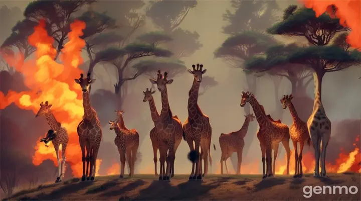  girafes and poodles smoking charutes in front of the forest fire, pixar animation