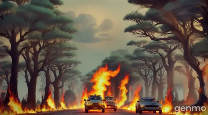 poodles and girafes spiting fire to the forest, pixar animation