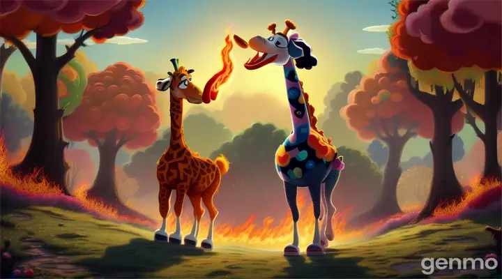 poodles and girafes farting fire to the forest, pixar animation