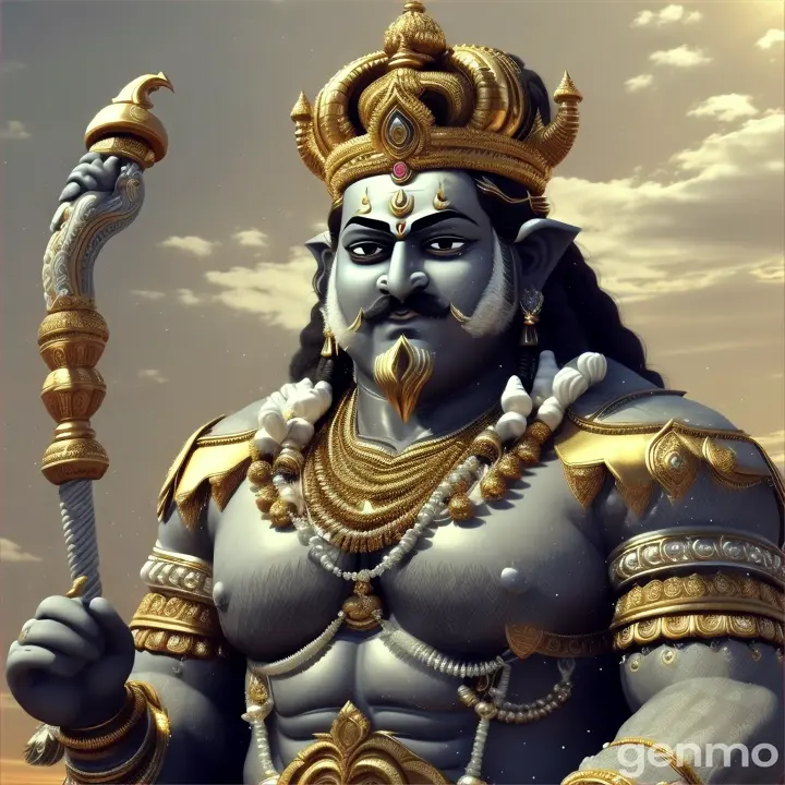 Create a highly detailed and realistic image of Mahabali, the benevolent Asura king from Hindu mythology. He should be depicted as a robust and majestic figure, standing tall and regal with a commanding and kingly stature. His skin tone should be a rich, warm hue, reflecting his noble and royal lineage. Mahabali should have a strong, well-built frame that exudes both power and grace. His hair should be long, dark, and flowing down to his shoulders, meticulously groomed. His face should convey wisdom and benevolence, with kind, compassionate eyes that reflect his just and generous nature, and a calm, serene expression.

Adorn Mahabali with a magnificent mukuta (crown), intricately designed with precious jewels and ornate patterns, symbolizing his royal status. His attire should be resplendent and regal, featuring traditional royal garments in deep, vibrant colors such as crimson, gold, and royal blue. He should wear a long, flowing robe or dhoti, with elaborate embroidery and decorations, accompanied by a richly decorated waistband (kamarbandh). His chest should be adorned with a grand necklace made of gold and precious stones, and his arms and wrists should have ornate bracelets (kada) and armlets (bajuband).

In one hand, Mahabali should hold a golden scepter (raj danda), symbolizing his authority and power as a king. His other hand can be raised in a gesture of blessing (abhaya mudra) or open in a welcoming manner, reflecting his kind and benevolent nature. His feet should be adorned with traditional royal sandals (paduka), and the background should depict a grand and opulent palace or a serene natural setting, symbolizing his prosperous and just rule.

The lighting should be soft and warm, highlighting his regal and kind features, with a subtle, radiant aura surrounding him to indicate his semi-divine status. The overall appearance should capture the essence of Mahabali as a noble and benevolent king, emphasizing his grandeur, wisdom, and generosity.