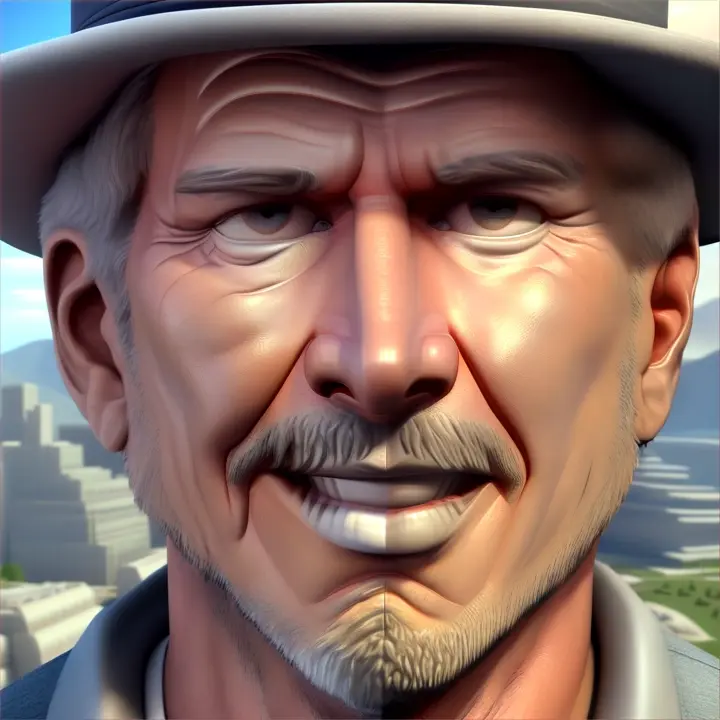 ((Harrison Ford)) in perfect 3D caricature, highly detailed face with highlighted huge nose and smiling with ((big teeth))