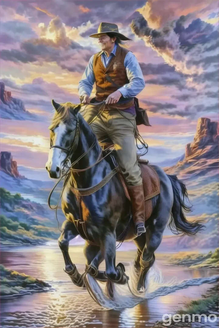 a painting of a man riding a horse across a river