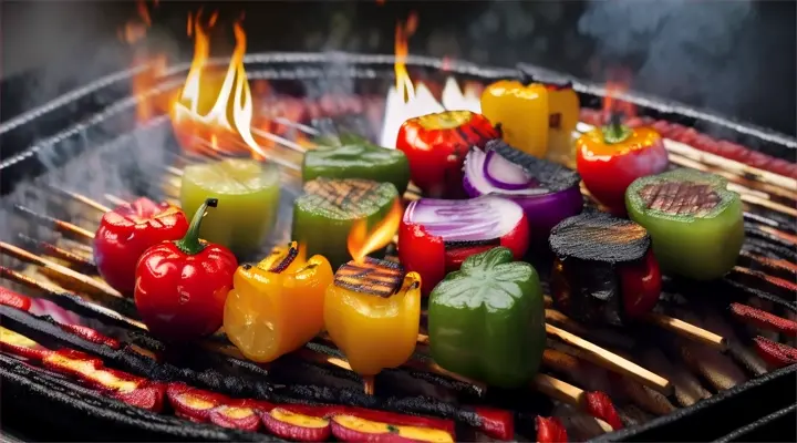 erstelle kroatische Grillspieße mit rotem gelbem grünen Paprika und Aubergine und roter Zwiebel auf dem Spieß
