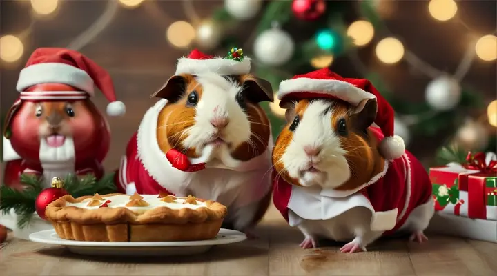 guinea pigs wearing santa suit sitting next to a pie