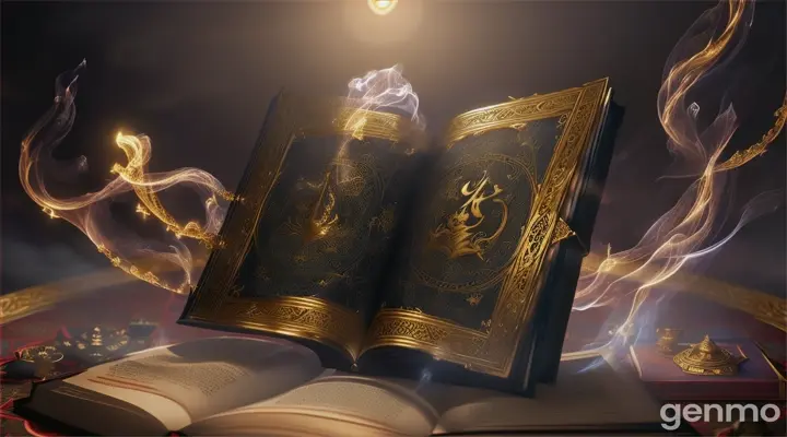 The genie being sucked back into the ancient book, with swirling dark smoke and mystical energy surrounding it.