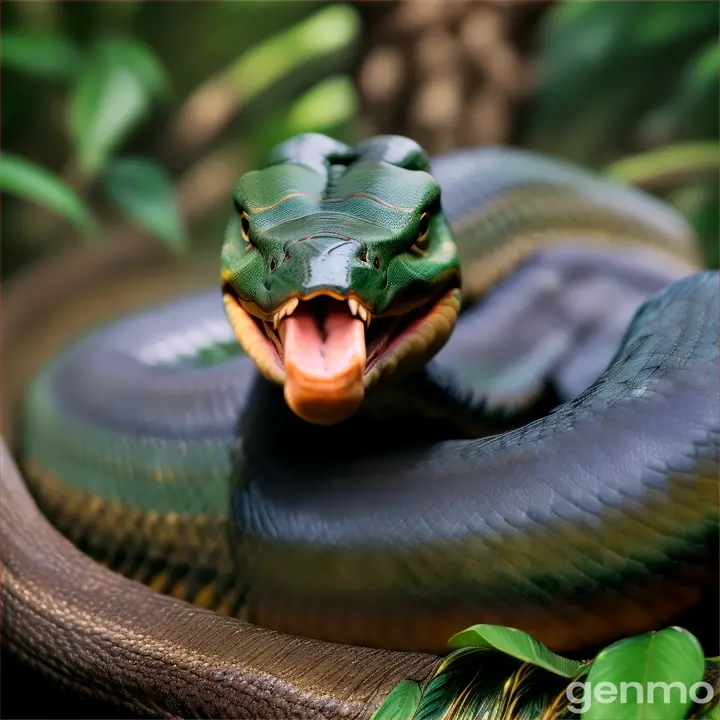 Big Anaconda on mountain in Amazon green rainforest, высокая детализация, 8К.