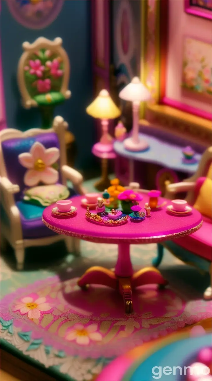 In the living room of the Barbie doll house, three of her friends are decorated with flowers and ornaments.