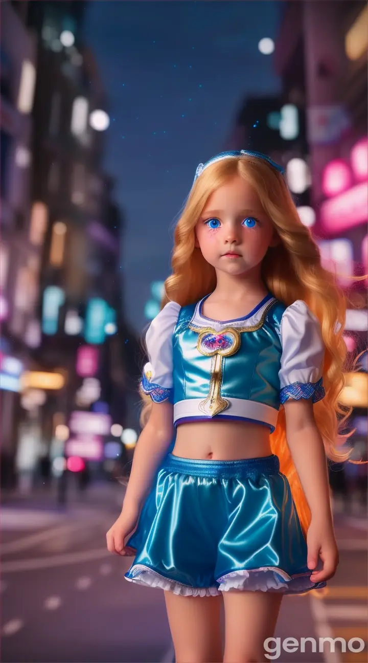 “A little  girl of 10 years age, looks like doll long hair beautiful eyes, fair a bit chubby cheeks, golden wavy  hair running speedily through streets of USA at night, sfx, vfx, bright colourful vibrant perfect prominent features, in white blue bright hero type outfit, 9:16 ratio