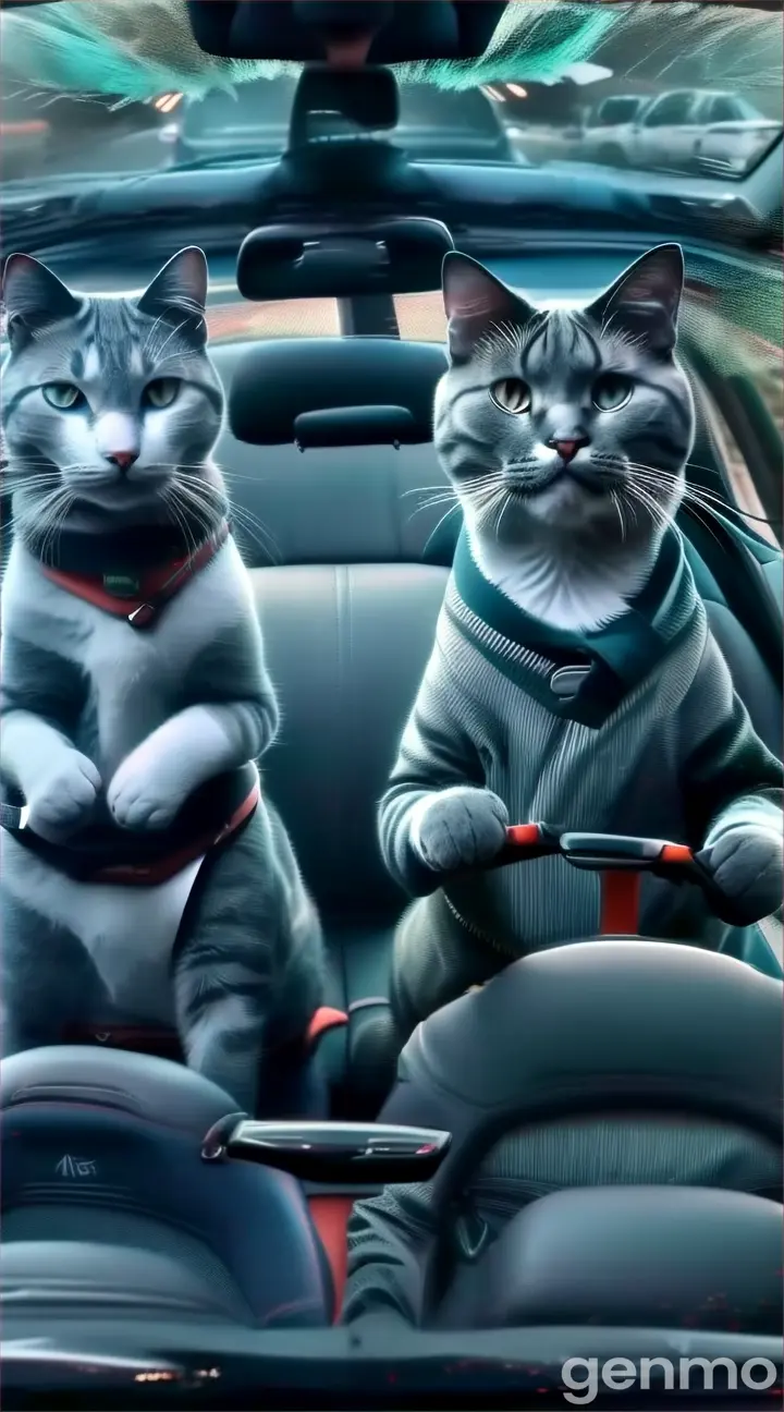 two cats sitting in the drivers seat of a car