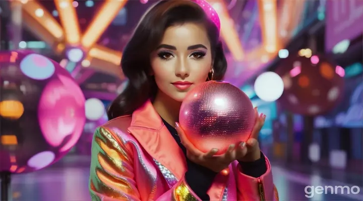 a woman in a pink-orange Perfecto JACKET holding a disco ball