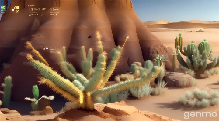 Present fun, animated facts about desert adaptations. Show a cactus with moving needles that explain their purpose, and a camel with a talking hump explaining its function.
Include playful animations of plants and animals demonstrating their resilience, like a desert plant spreading its roots deep underground.