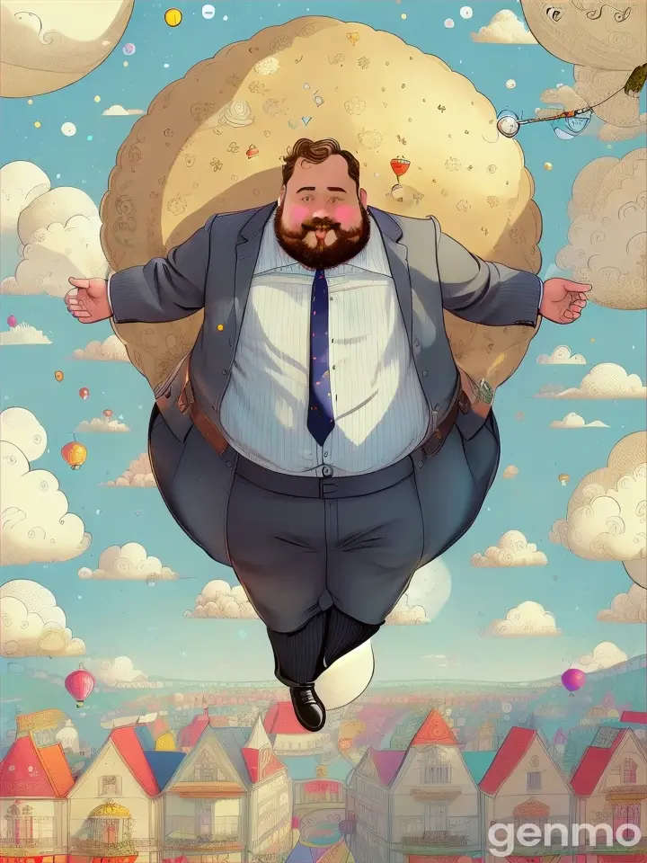 A whimsical scene of a fat man rising into the sky like a balloon, inspired by classic children's book illustrations