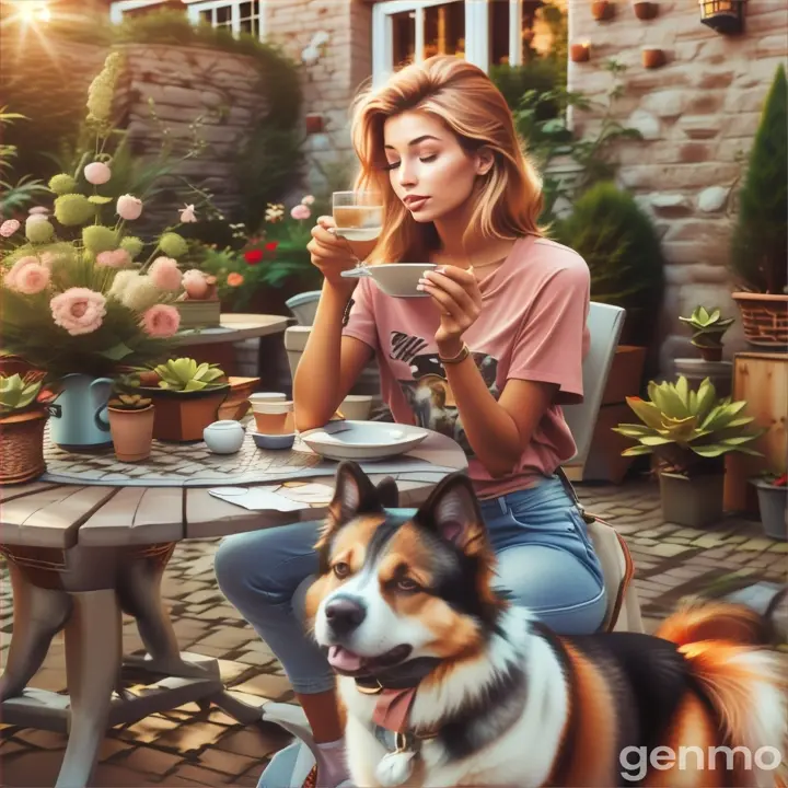 a woman sitting at a table with a dog