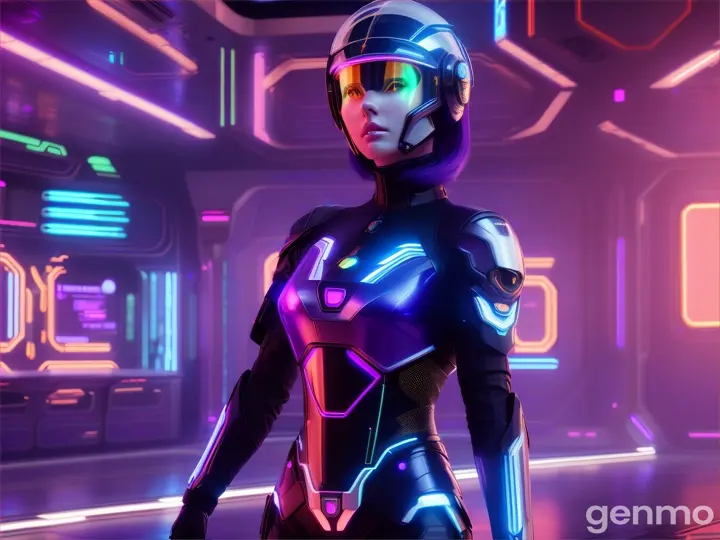 A BEAUTIFUL EUROPEAN woman in a futuristic suit and futuristic helmet stands in front of neon lights. Artificial intelligence.