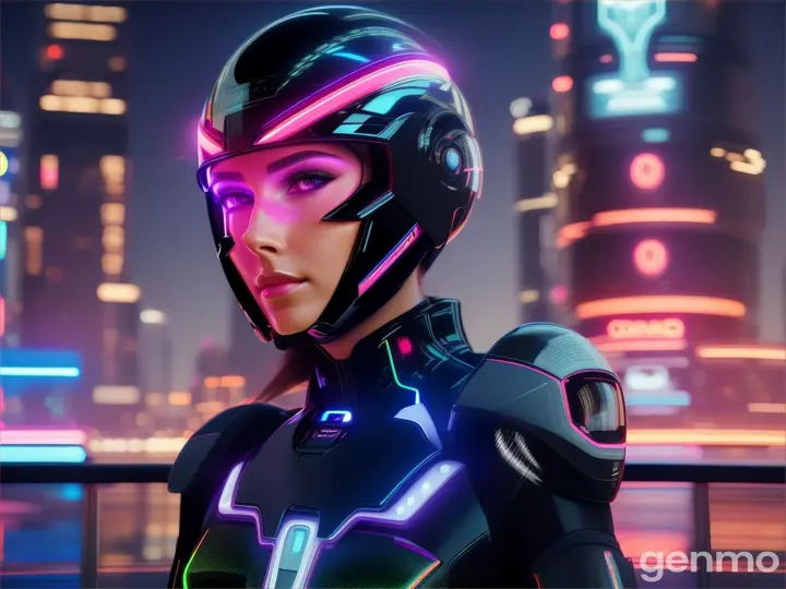 A BEAUTIFUL EUROPEAN woman in a futuristic suit and futuristic helmet stands in front of neon lights. Artificial intelligence.