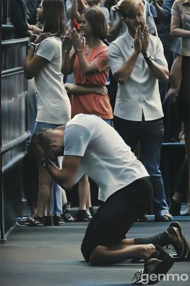 a man kneeling down in front of a crowd of people