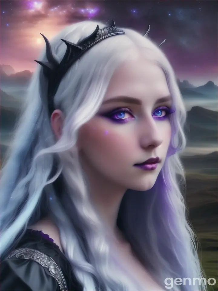 a beautiful gothic woman with long white hair, silver horns, blue-violet eyes, moon, heavenly, ethereal, otherworldly. landscape.