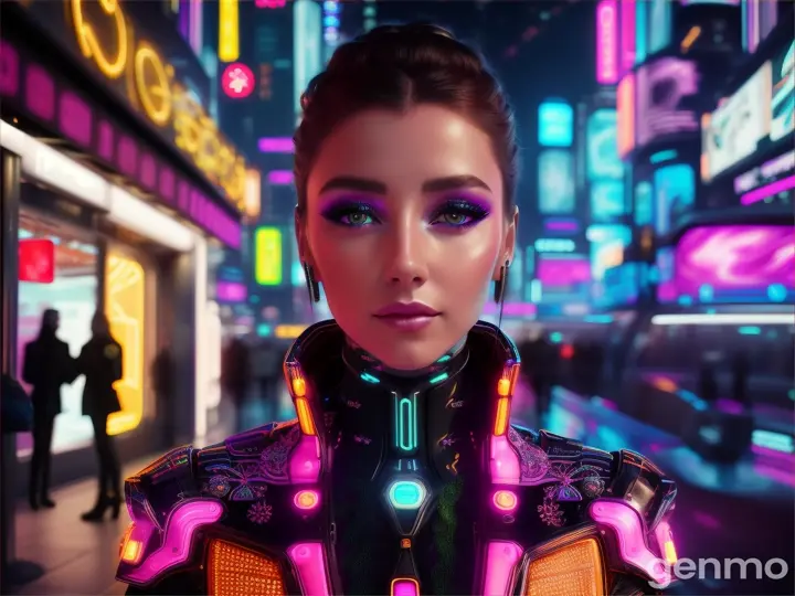 A BEAUTIFUL EUROPEAN woman in a futuristic look stands in front of neon lights. Behind are futuristic passers-by. Artificial intelligence.