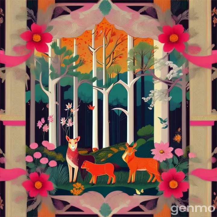 an illustration of forest with flowers and animals in art deco style 