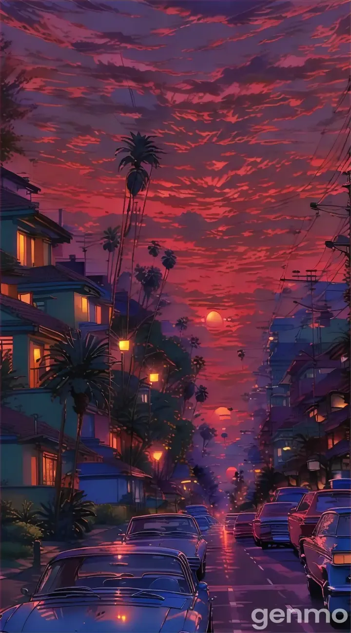cars parked on the side of the road at sunset