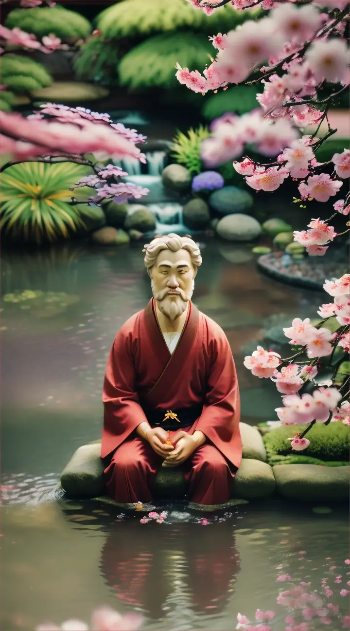 Stoic Philosopher Epictetus,  sitted in a in a peaceful Japanese garden with a Koi pond, cherry blossoms and a calming waterfall
