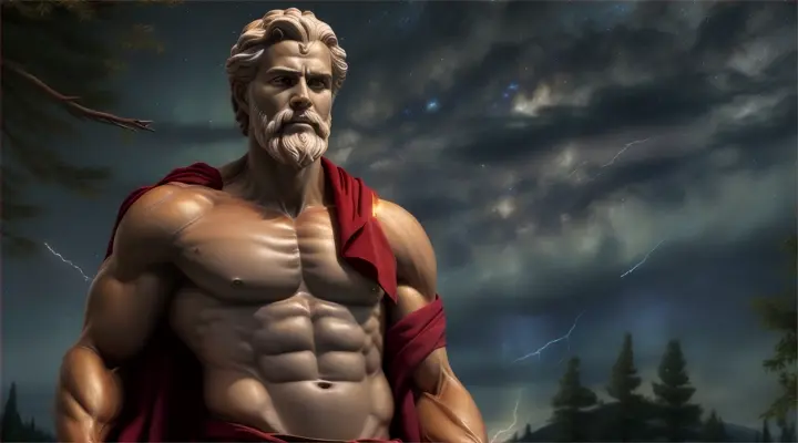An ancient greek Chiseled Chiseled six-pack portrait of Epictetus under a night sky, with a cloth draped over one shoulder and a bolt of lightning. He is in a serene natural environment of nature.”