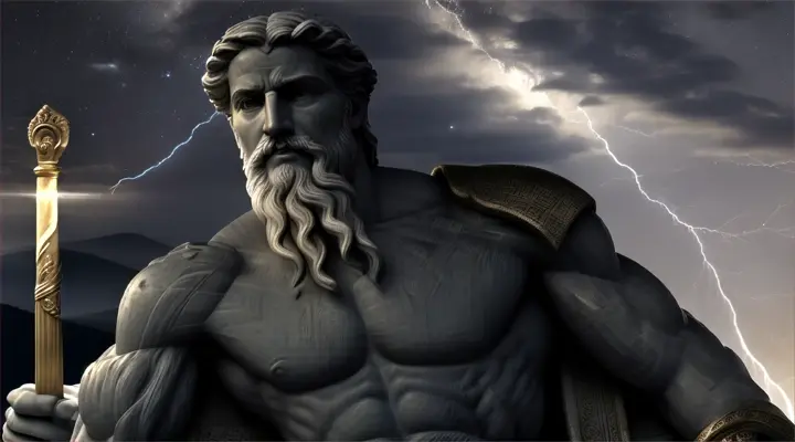 An ancient greek Chiseled Chiseled six-pack portrait of Epictetus under a night sky, with a cloth draped over one shoulder and a bolt of lightning. He is in a serene natural environment of nature.”
