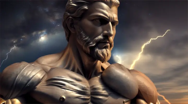 An ancient greek Chiseled Chiseled six-pack portrait of Epictetus under a night sky, with a cloth draped over one shoulder and a bolt of lightning. He is in a serene natural environment of nature.”