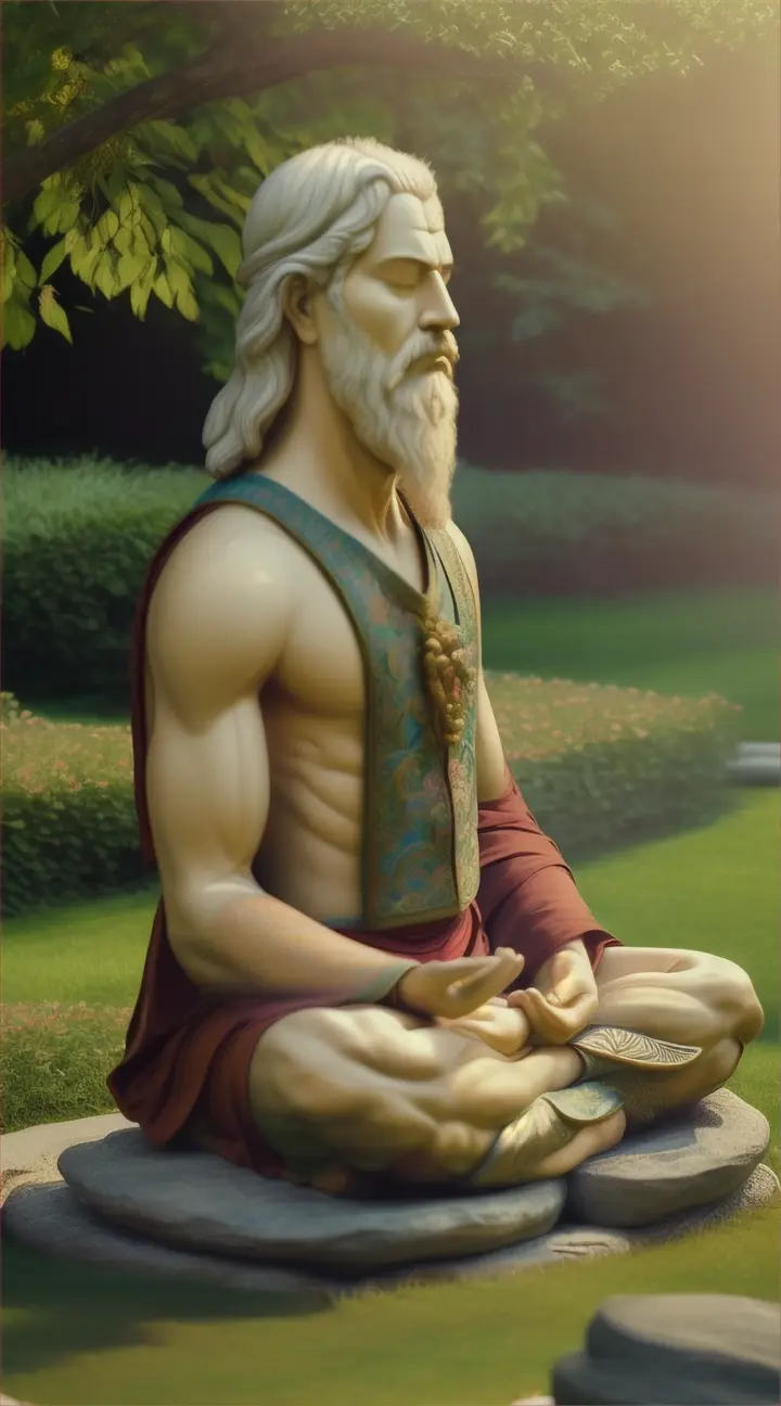 Epictetus meditating in a peaceful garden, surrounded by beautiful nature, lost in thought”