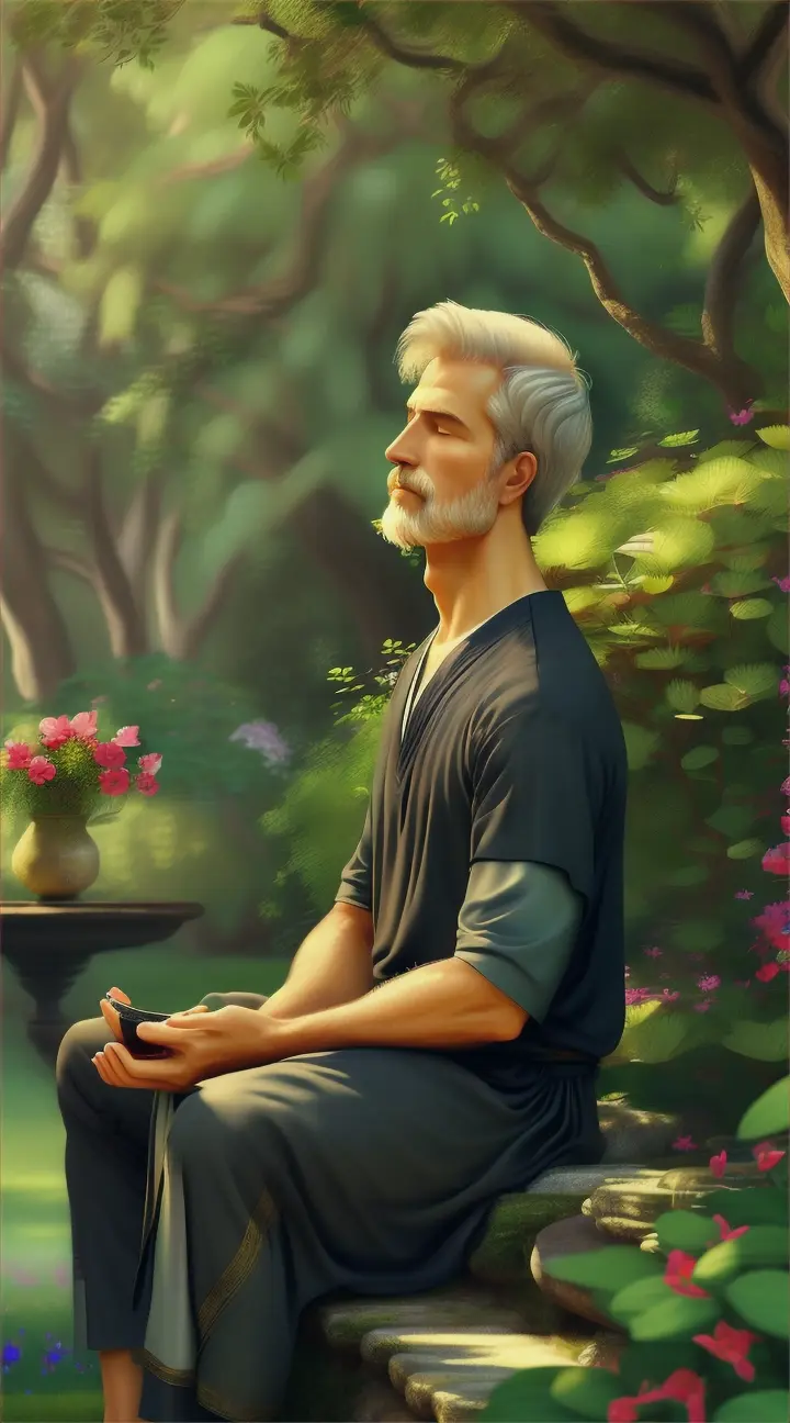 Epictetus meditating in a peaceful garden, surrounded by beautiful nature, lost in thought”