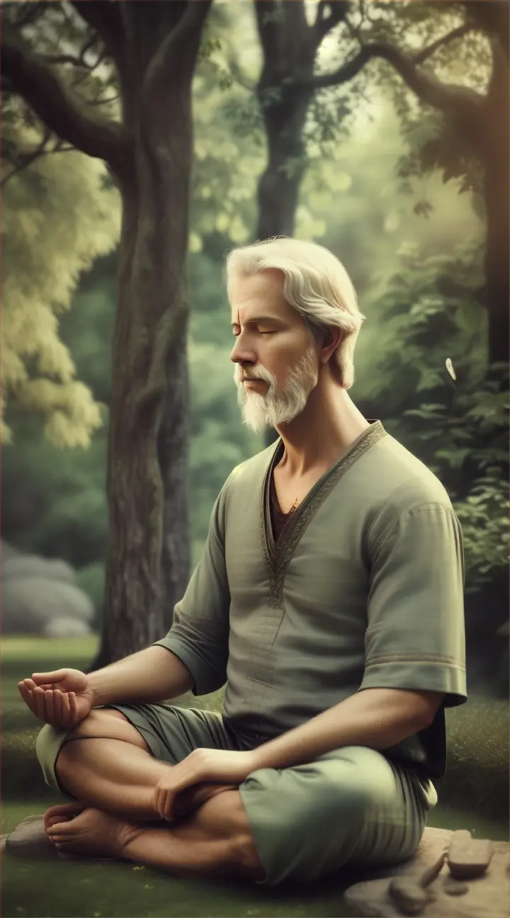 Epictetus meditating in a peaceful garden, surrounded by beautiful nature, lost in thought”