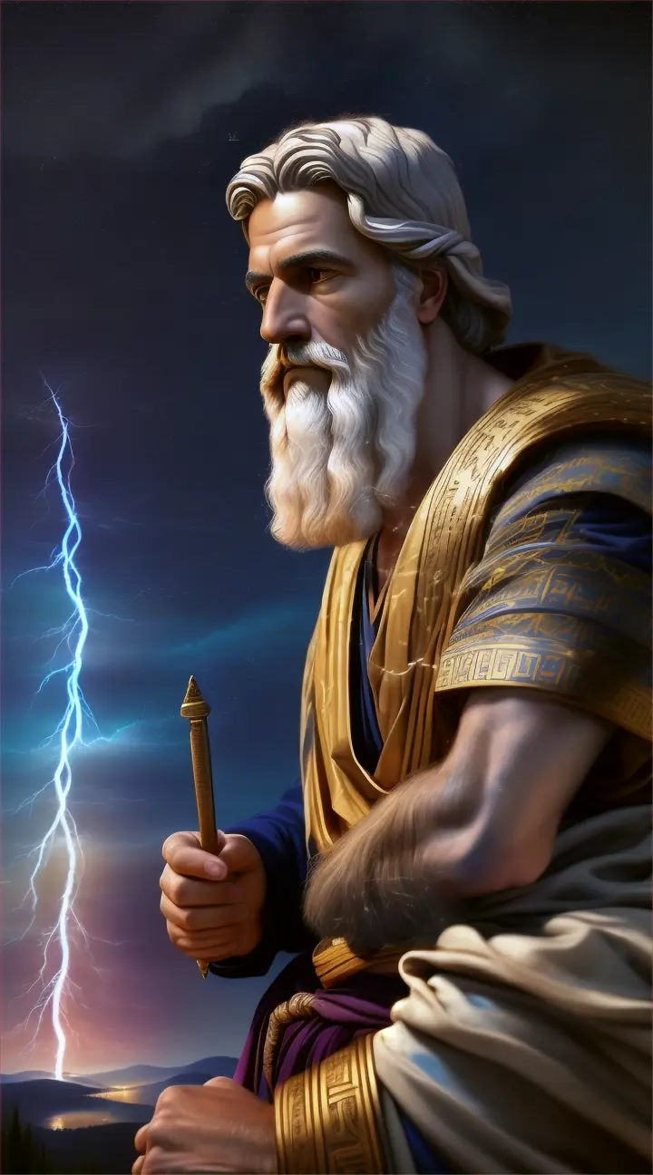 An ancient greek philosopher portrait, Epictetus, under a night sky, with cloth draped over one shoulder and a bolt of lightnin. He is in a serene natural environment of nature.”