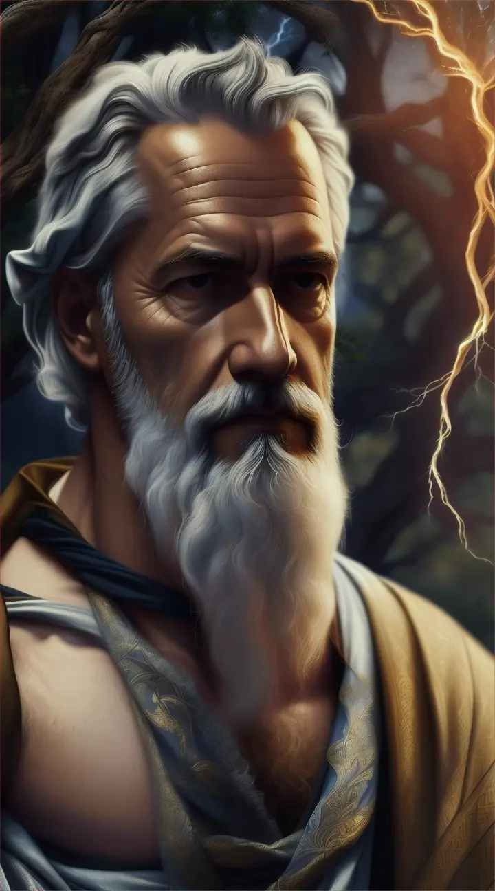 An ancient greek philosopher portrait, Epictetus, under a night sky, with cloth draped over one shoulder and a bolt of lightnin. He is in a serene natural environment of nature.”