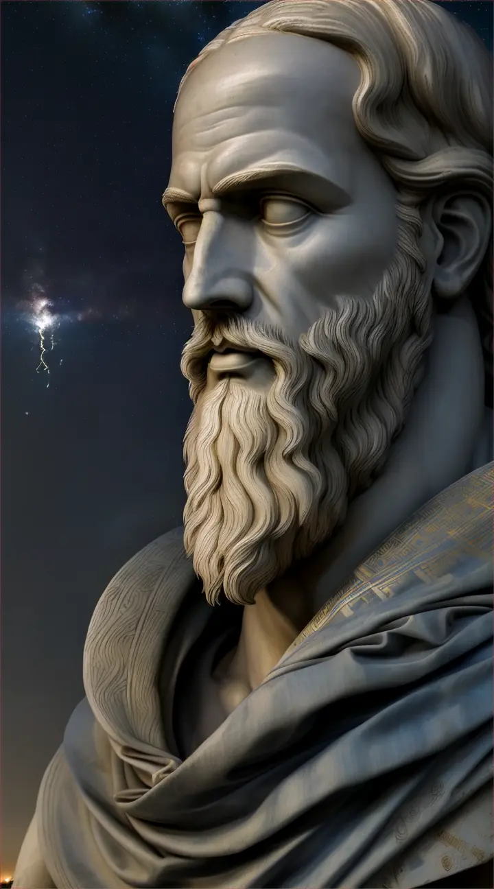An ancient greek philosopher portrait, Epictetus, under a night sky, with cloth draped over one shoulder and a bolt of lightnin. He is in a serene natural environment of nature.”