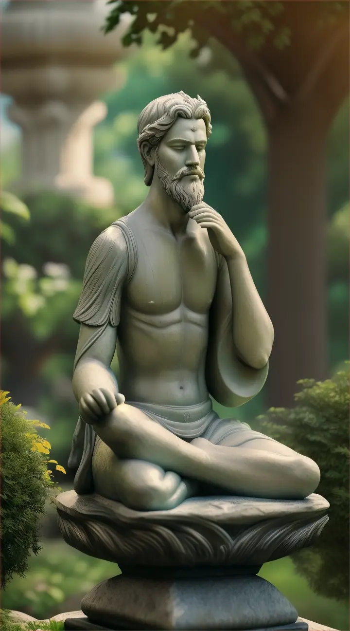 Epictetus meditating in a peaceful garden, surrounded by beautiful nature, lost in thought”