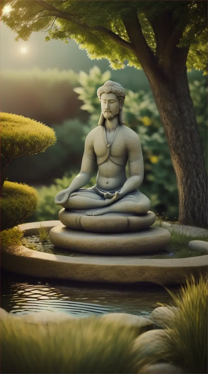 Epictetus meditating in a peaceful garden, surrounded by beautiful nature, lost in thought”