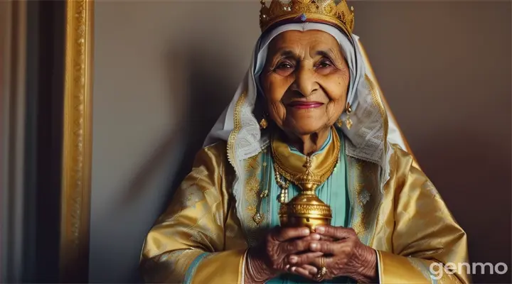 "A ninety-year-old Muslim woman, dressed in traditional attire, sits with a joyful smile on her face. In her hands, she holds a pouch of four hundred golden dinars. A king, wearing regal robes and a crown, stands beside her with a curious expression, questioning her sudden smile."
