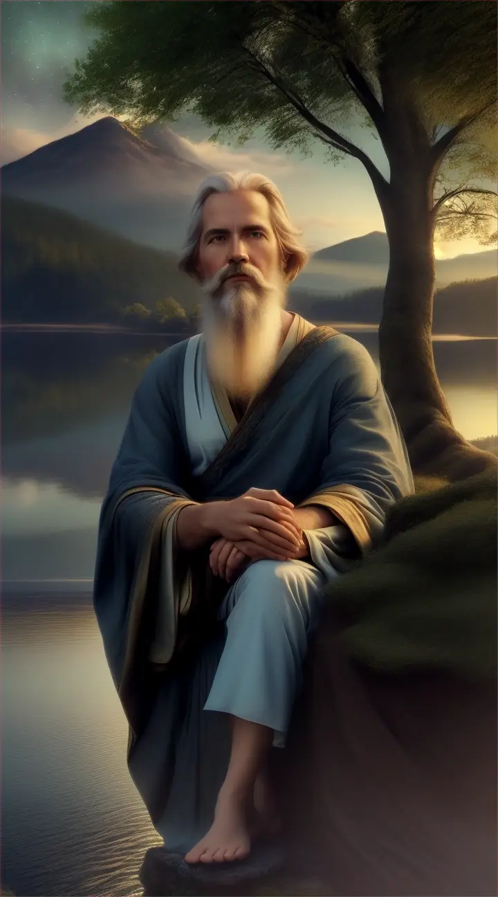 Epictetus with under a starry sky in an enchanted forest, cloth over one shoulder, sitting on a mountain surrounded by waters. He is in a thinking mood