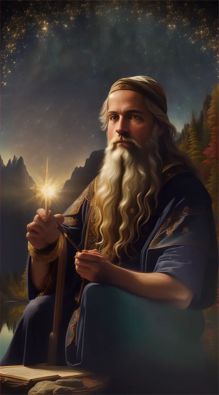 Epictetus with under a starry sky in an enchanted forest, cloth over one shoulder, sitting on a mountain surrounded by waters. He is in a thinking mood