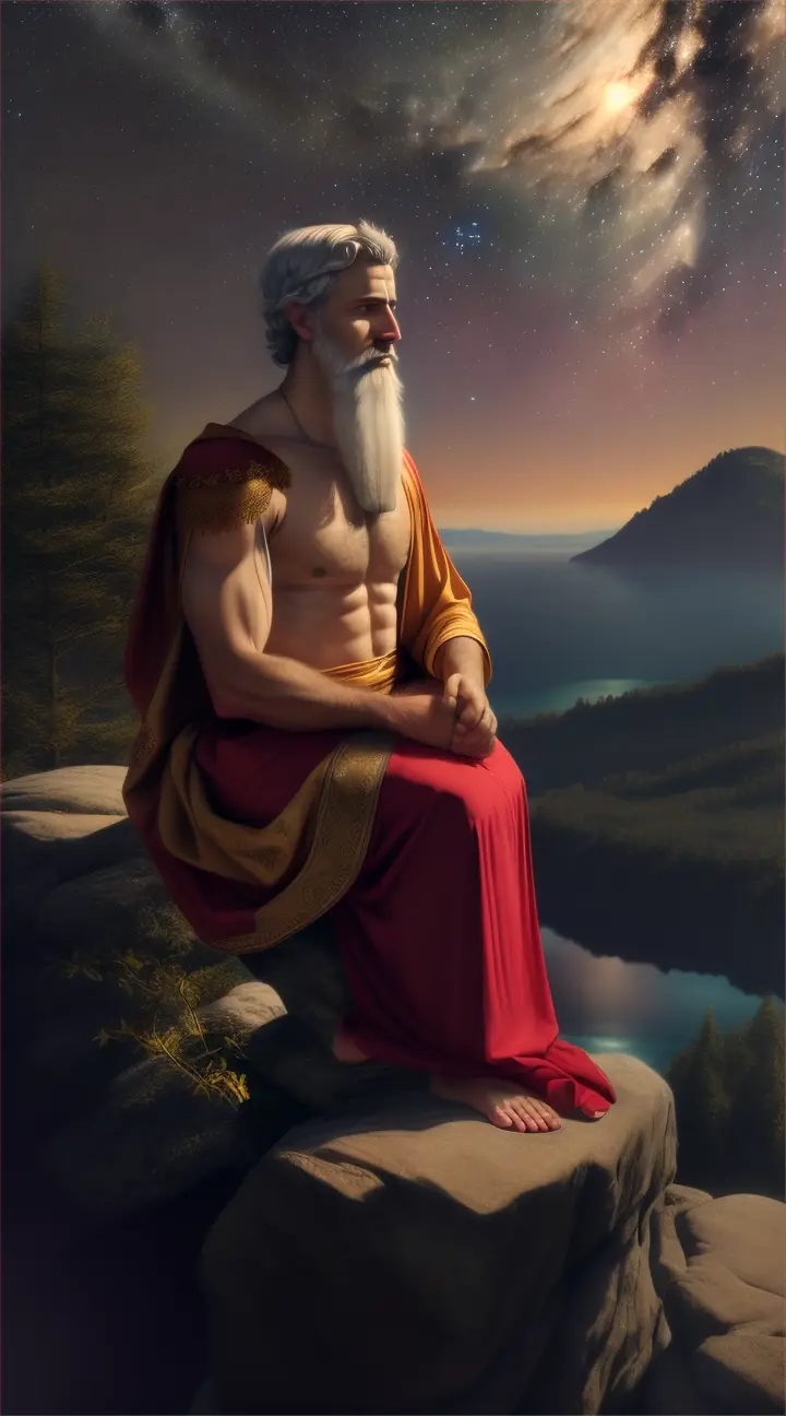 Epictetus with under a starry sky in an enchanted forest, cloth over one shoulder, sitting on a mountain surrounded by waters. He is in a thinking mood