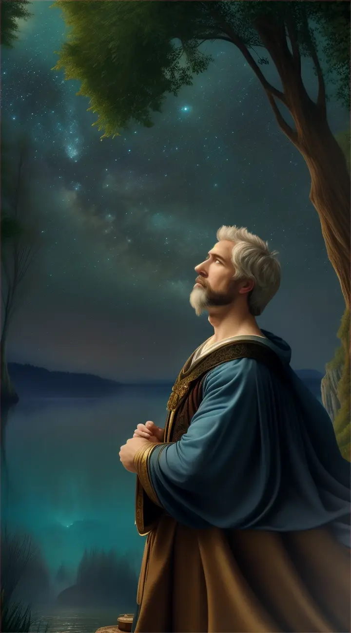 Epictetus with under a starry sky in an enchanted forest, cloth over one shoulder, sitting on a mountain surrounded by waters. He is in a thinking mood