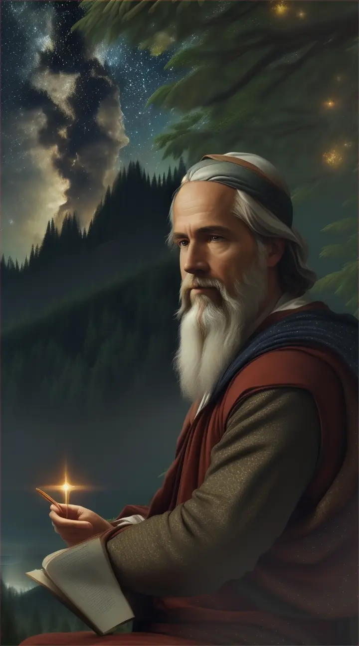 Epictetus with under a starry sky in an enchanted forest, cloth over one shoulder, sitting on a mountain surrounded by waters. He is in a thinking mood