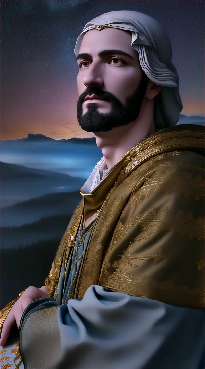 Epictetus with under a starry sky in an enchanted forest, cloth over one shoulder, sitting on a mountain surrounded by waters. He is in a thinking mood
