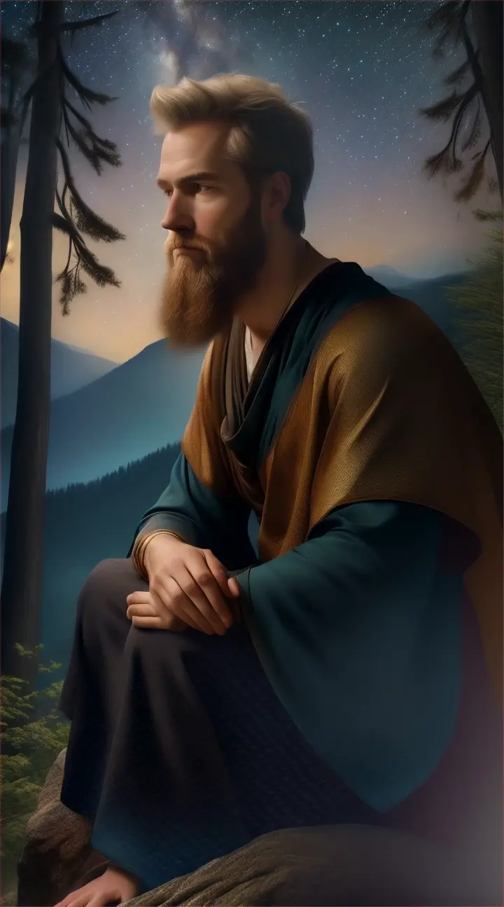 Epictetus with under a starry sky in an enchanted forest, cloth over one shoulder, sitting on a mountain surrounded by waters. He is in a thinking mood