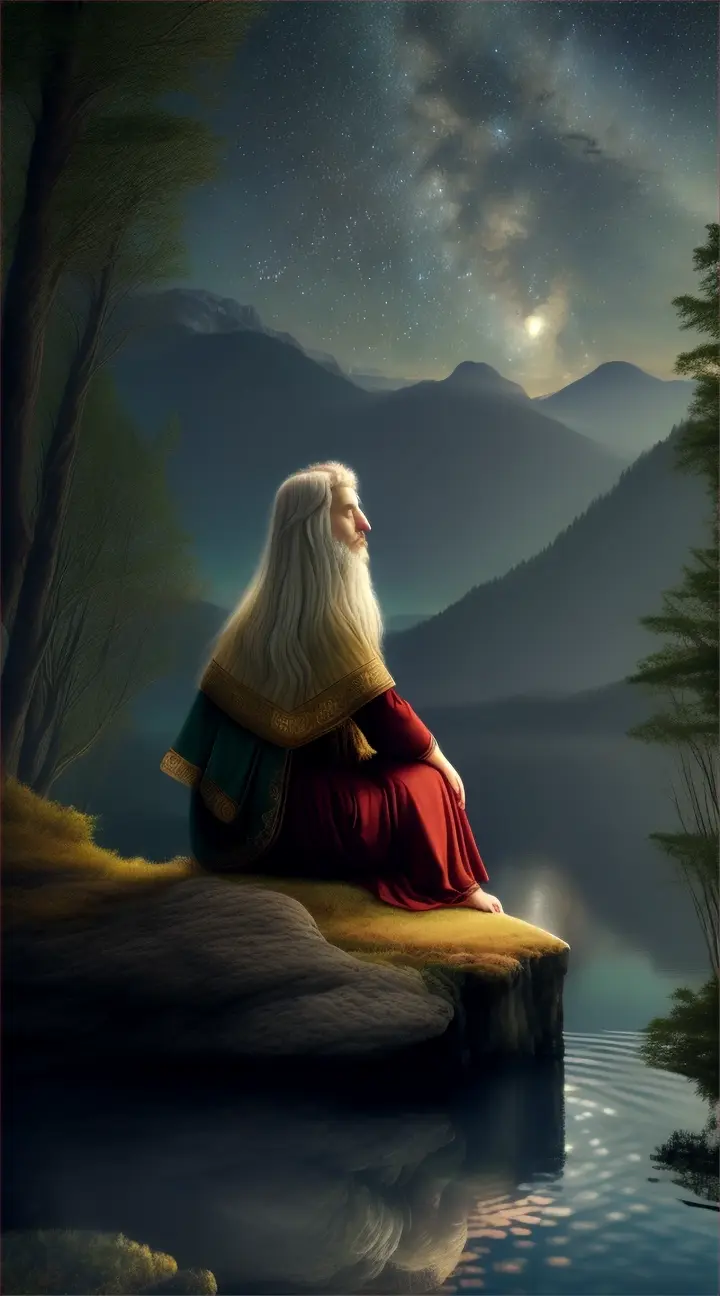 Epictetus with under a starry sky in an enchanted forest, cloth over one shoulder, sitting on a mountain surrounded by waters. He is in a thinking mood
