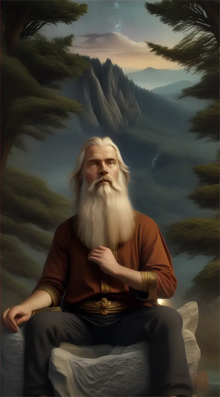 Epictetus with under a starry sky in an enchanted forest, cloth over one shoulder, sitting on a mountain surrounded by waters. He is in a thinking mood