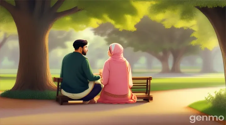 An illustration of two Muslim people sitting in a park, having a warm heart-to-heart conversation, symbolizes how kind words can create bonds of friendship.