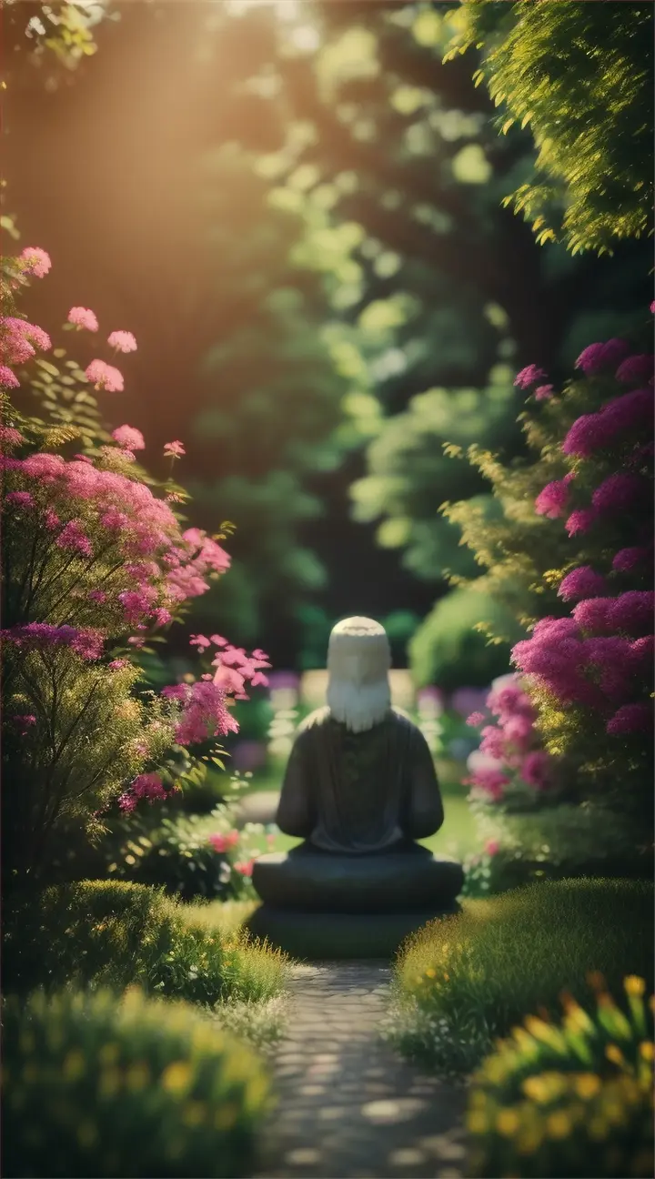 Epictetus meditating in a peaceful garden, surrounded by beautiful nature, lost in thought