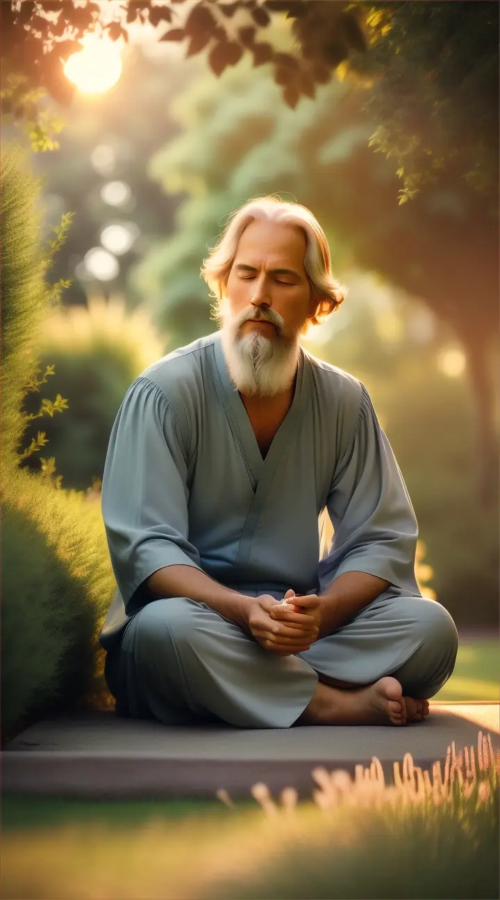 Epictetus meditating in a peaceful garden, surrounded by beautiful nature, lost in thought